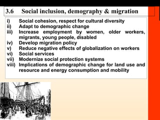 3.6 Social inclusion, demography & migration i) Social cohesion, respect for cultural diversity ii) Adapt to demographic change iii) Increase employment by women, older workers, migrants, young people, disabled iv) Develop migration policy v) Reduce negative effects of globalization on workers vi) Social services  vii) Modernize social protection systems viii) Implications of demographic change for land use and resource and energy consumption and mobility 