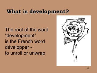 What is development? The root of the word “ development”  is the French word  développer -  to unroll or unwrap 