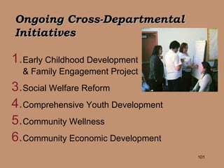 Ongoing Cross-Departmental Initiatives Early Childhood Development  & Family Engagement Project Social Welfare Reform Comprehensive Youth Development Community Wellness  Community Economic Development 