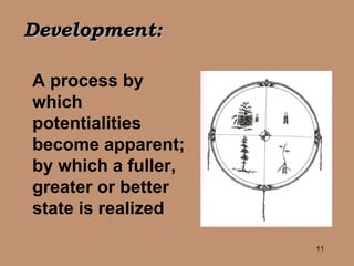 A process by which potentialities become apparent; by which a fuller, greater or better state is realized Development: 