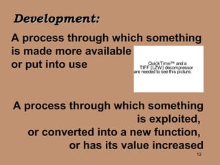 A process through which something is made more available  or put into use A process through which something is exploited,  or converted into a new function,  or has its value increased Development: 