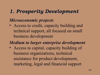 1. Prosperity Development Microeconomic projects Access to credit, capacity building and technical support, all focused on small business development Medium to larger enterprise development Access to capital, capacity building of business organizations, technical assistance for product development, marketing, legal and financial support 