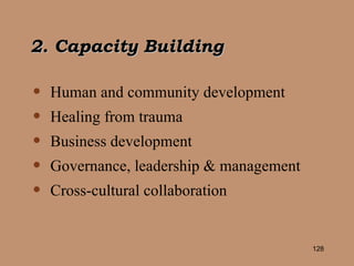 Human and community development Healing from trauma Business development Governance, leadership & management Cross-cultural collaboration 2. Capacity Building 