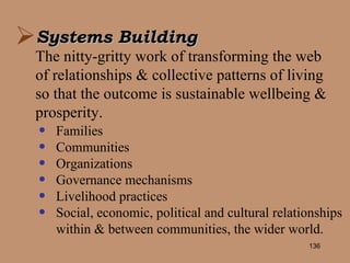 Systems Building The nitty-gritty work of transforming the web of relationships & collective patterns of living so that the outcome is sustainable wellbeing & prosperity. Families Communities Organizations Governance mechanisms Livelihood practices Social, economic, political and cultural relationships within & between communities, the wider world. 