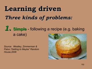 Learning driven Three kinds of problems: 1. Simple  - following a recipe (e.g. baking a cake)  Source:  Westley, Zimmerman & Paton,“Getting to Maybe” Random  House,2006 