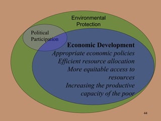 Political Participation Economic Development Appropriate economic policies Efficient resource allocation More equitable access to resources Increasing the productive capacity of the poor Environmental Protection 