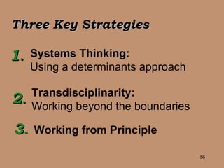 Three Key Strategies Systems Thinking:   Using a determinants approach Transdisciplinarity:   Working beyond the boundaries Working from Principle 1 . 2 . 3 . 