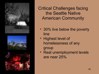 Critical Challenges facing the Seattle Native American Community 30% live below the poverty line Highest level of homelessness of any group Real unemployment levels are near 25% 