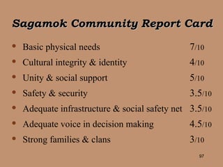 Sagamok Community Report Card Basic physical needs 7 /10 Cultural integrity & identity 4 /10 Unity & social support 5 /10 Safety & security 3.5 /10 Adequate infrastructure & social safety net 3.5 /10 Adequate voice in decision making 4.5 /10 Strong families & clans 3 /10 