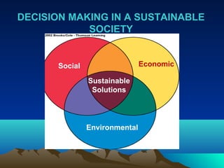 DECISION MAKING IN A SUSTAINABLE 
SOCIETY 
Social Economic 
Sustainable 
Solutions 
Environmental 
 