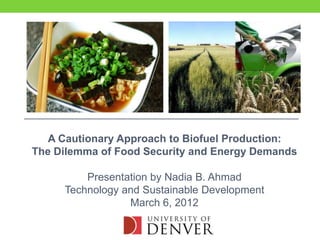 A Cautionary Approach to Biofuel Production:
The Dilemma of Food Security and Energy Demands

         Presentation by Nadia B. Ahmad
     Technology and Sustainable Development
                 March 6, 2012
 