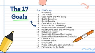 The 17
Goals
The 17 SDGs are:
1. No Poverty
2. Zero Hunger
3. Good Health and Well-being
4. Quality Education
5. Gender Equality
6. Clean Water and Sanitation,
7. Affordable and Clean Energy
8. Decent Work and Economic Growth
9. Industry, Innovation and Infrastructure
10. Reducing Inequality
11. Sustainable Cities and Communities
12. Responsible Consumption and Production
13. Climate Action
14. Life Below Water
15. Life On Land
16. Peace, Justice, and Strong Institutions
17. Partnerships for the Goals
 