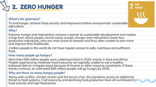 2. ZERO HUNGER
What’s the goal here?
To end hunger, achieve food security and improved nutrition and promote sustainable
agriculture.
Why?
Extreme hunger and malnutrition remains a barrier to sustainable development and creates
a trap from which people cannot easily escape. Hunger and malnutrition mean less
productive individuals, who are more prone to disease and thus often unable to earn more
and improve their livelihoods.
2 billion people in the world do not have regular access to safe, nutritious and sufﬁcient
food.
How many people go hungry?
More than 690 million people were undernourished in 2019, mainly in Asia and Africa.
People experiencing moderate food insecurity are typically unable to eat a healthy,
balanced diet on a regular basis because of income or other resource constraints. If these
trends continue, an estimated 840 million people will go hungry by 2030.
Why are there so many hungry people?
Along with conﬂict, climate shocks and the locust crisis, the pandemic poses an additional
threat to food systems. Civil insecurity and declining food production have all contributed to
food scarcity and high food prices.
 