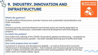 9. INDUSTRY, INNOVATION AND
INFRASTRUCTURE
What’s the goal here?
To build resilient infrastructure, promote inclusive and sustainable industrialization and
foster innovation.
Why?
Economic growth, social development and climate action are heavily dependent on
investments in infrastructure, sustainable industrial development and technological
progress.
So what’s the problem?
Even before the outbreak of the COVID-19 pandemic,global manufacturing – considered an
engine of overall economic growth – has been steadily declining due to tariffs and trade
tensions.
How much progress have we made?
Investment in research and development globally – as well as ﬁnancing for economic
infrastructure in developing countries – has increased, and impressive progress has been
made in mobile connectivity with almost the entire world population (97 per cent) living
within reach of a mobile cellular signal.
 