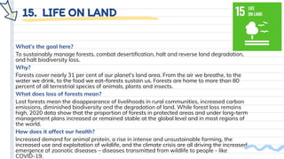 15. LIFE ON LAND
What’s the goal here?
To sustainably manage forests, combat desertiﬁcation, halt and reverse land degradation,
and halt biodiversity loss.
Why?
Forests cover nearly 31 per cent of our planet’s land area. From the air we breathe, to the
water we drink, to the food we eat–forests sustain us. Forests are home to more than 80
percent of all terrestrial species of animals, plants and insects.
What does loss of forests mean?
Lost forests mean the disappearance of livelihoods in rural communities, increased carbon
emissions, diminished biodiversity and the degradation of land. While forest loss remains
high, 2020 data show that the proportion of forests in protected areas and under long-term
management plans increased or remained stable at the global level and in most regions of
the world.
How does it affect our health?
Increased demand for animal protein, a rise in intense and unsustainable farming, the
increased use and exploitation of wildlife, and the climate crisis are all driving the increased
emergence of zoonotic diseases – diseases transmitted from wildlife to people - like
COVID-19.
 