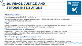 16. PEACE, JUSTICE, AND
STRONG INSTITUTIONS
What’s the goal here?
Promote peaceful and inclusive societies for
sustainable development, provide access to justice for all and build effective, accountable
and inclusive institutions at all levels.
Why?
People everywhere need to be free of fear from all forms of violence and feel safe as they go
about their lives whatever their ethnicity, faith or sexual orientation.
What needs to be done to address this?
Governments, civil society and communities must work together to implement lasting
solutions to reduce violence, deliver justice, combat corruption and ensure inclusive
participation at all times.
How does this goal apply to me, wherever I live?
Crimes that threaten the foundation of peaceful societies, including
homicides, human trafﬁcking and other organized crimes, as well as discriminatory laws or
practices, affect all countries. Even the world’s greatest democracies face major challenges
in addressing corruption, crime and human rights violations for everyone at home.
 