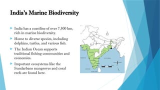 India’s Marine Biodiversity
 India has a coastline of over 7,500 km,
rich in marine biodiversity.
 Home to diverse species, including
dolphins, turtles, and various fish.
 The Indian Ocean supports
traditional fishing communities and
economies.
 Important ecosystems like the
Sundarbans mangroves and coral
reefs are found here.
 