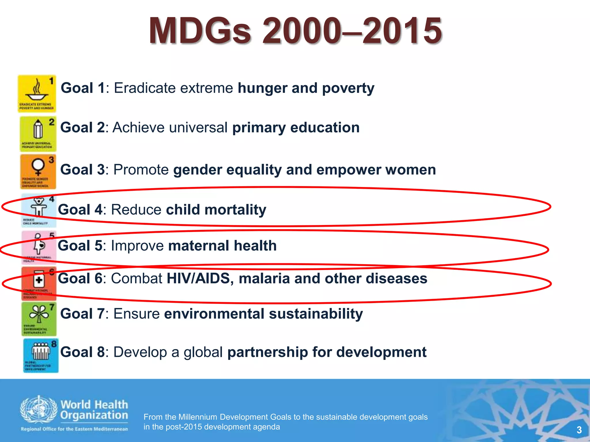 MDGs 20002015
Goal 1: Eradicate extreme hunger and poverty
Goal 2: Achieve universal primary education
Goal 3: Promote gender equality and empower women
Goal 4: Reduce child mortality
Goal 5: Improve maternal health
Goal 6: Combat HIV/AIDS, malaria and other diseases
Goal 7: Ensure environmental sustainability
Goal 8: Develop a global partnership for development
From the Millennium Development Goals to the sustainable development goals
in the post-2015 development agenda 3
 