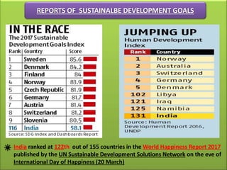 REPORTS OF SUSTAINALBE DEVELOPMENT GOALS
India ranked at 122th out of 155 countries in the World Happiness Report 2017
published by the UN Sustainable Development Solutions Network on the eve of
International Day of Happiness (20 March)
 