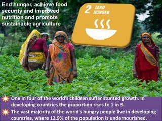 End hunger, achieve food
security and improved
nutrition and promote
sustainable agriculture
The vast majority of the world’s hungry people live in developing
countries, where 12.9% of the population is undernourished.
One in four of the world’s children suffer stunted growth. In
developing countries the proportion rises to 1 in 3.
 
