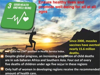Ensure healthy lives and
promote well-being for all at all
ages
Only half of women in developing regions receive the recommended
amount of health care.
Despite global progress, an increasing proportion of child deaths
are in sub-Saharan Africa and Southern Asia. Four out of every
five deaths of children under age five occur in these regions
Since 2000, measles
vaccines have averted
nearly 15.6 million
deaths.
India has 154th position in Health Service Index.
 