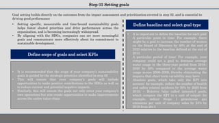 Step 03 Setting goals
Goal setting builds directly on the outcomes from the impact assessment and prioritization covered in step 02, and is essential to
driving good performance
• Setting specific, measurable and time-bound sustainability goals
helps foster shared priorities and drive performance across the
organization, and is becoming increasingly widespread.
• By aligning with the SDGs, companies can set more meaningful
goals and communicate more effectively about its commitment to
sustainable development.
Define scope of goals and select KPIs
• It is recommended that the scope of your company’s sustainability
goals is guided by the strategic priorities identified in step 02
• This will ensure that your company’s goals will include
opportunities to make positive contributions to the SDGs as well as
to reduce current and potential negative impacts.
• Similarly, this will ensure the goals not only cover your company’s
own operations but also create opportunities to make improvements
across the entire value chain
Define baseline and select goal type
• It is important to define the baseline for each goal
- A particular point in time: For example, there
might be a goal to increase the number of women
on the Board of Directors by 40% at the end of
2020 relative to the baseline defined at the end of
2013
- A particular period of time: For example, your
company could set a goal to decrease average
water usage in the three-year period from 2018–
2020 by 50% compared to the average water
usage across 2006–2008, thereby eliminating the
impacts that short-term variability may have
- Absolute goals, which take only the KPI into
account: for example, reduce the number of health
and safety related incidents by 30% by 2020 from
2015; – Relative (also called intensity) goals,
which compare the KPI to a unit of output: for
example, reduce Scope 1 greenhouse gas
emissions per unit of company sales by 25% by
2018 from 2014
 