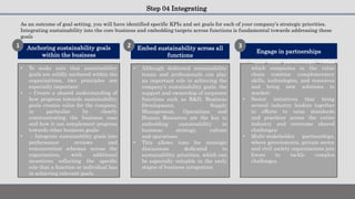 Step 04 Integrating
As an outcome of goal setting, you will have identified specific KPIs and set goals for each of your company’s strategic priorities.
Integrating sustainability into the core business and embedding targets across functions is fundamental towards addressing these
goals
Anchoring sustainability goals
within the business
• To make sure that sustainability
goals are solidly anchored within the
organizations, two principles are
especially important:
• – Create a shared understanding of
how progress towards sustainability
goals creates value for the company,
in particular by clearly
communicating the business case
and how it can complement progress
towards other business goals;
• – Integrate sustainability goals into
performance reviews and
remuneration schemes across the
organization, with additional
incentives reflecting the specific
role that a function or individual has
in achieving relevant goals.
Embed sustainability across all
functions
• Although dedicated sustainability
teams and professionals can play
an important role in achieving the
company’s sustainability goals, the
support and ownership of corporate
functions such as R&D, Business
Development, Supply
Management, Operations and
Human Resources are the key to
embedding sustainability in
business strategy, culture
and operations
• This allows time for strategic
discussions dedicated to
sustainability priorities, which can
be especially valuable in the early
stages of business integration
Engage in partnerships
• Value chain partnerships, within
which companies in the value
chain combine complementary
skills, technologies, and resources
and bring new solutions to
market;
• Sector initiatives that bring
several industry leaders together
in efforts to raise standards
and practices across the entire
industry and overcome shared
challenges;
• Multi-stakeholder partnerships,
where governments, private sector
and civil society organizations join
forces to tackle complex
challenges.
1 2 3
 