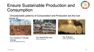 Ensure Sustainable Production and
Consumption
• Unsustainable patterns of Consumption and Production are the root
cause of
Fig. Biodiversity loss
Source: nytimes.com
Fig. Impacts of Climate
change
Source: Foodsystemprimer.org
Fig. Pollution
Source: dosomething.org
10/7/2023 10
 