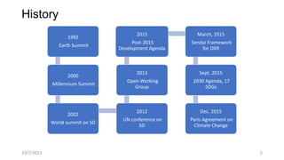 History
1992
Earth Summit
2000
Millennium Summit
2002
World summit on SD
2012
UN conference on
SD
2013
Open Working
Group
2015
Post-2015
Development Agenda
March, 2015
Sendai Framework
for DRR
Sept. 2015
2030 Agenda, 17
SDGs
Dec. 2015
Paris Agreement on
Climate Change
10/7/2023 5
 