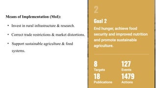 Means of Implementation (MoI):
• Invest in rural infrastructure & research.
• Correct trade restrictions & market distortions.
• Support sustainable agriculture & food
systems.
 
