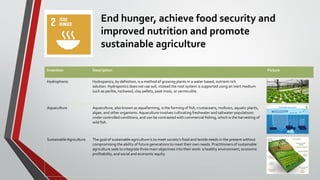 End hunger, achieve food security and
improved nutrition and promote
sustainable agriculture
Invention Description Picture
Hydrophonic Hydroponics, by definition, is a method of growing plants in a water based, nutrient rich
solution. Hydroponics does not use soil, instead the root system is supported using an inert medium
such as perlite, rockwool, clay pellets, peat moss, or vermiculite.
Aquaculture Aquaculture, also known as aquafarming, is the farming of fish, crustaceans, molluscs, aquatic plants,
algae, and other organisms. Aquaculture involves cultivating freshwater and saltwater populations
under controlled conditions, and can be contrasted with commercial fishing, which is the harvesting of
wild fish.
SustainableAgriculture The goal of sustainable agriculture is to meet society’s food and textile needs in the present without
compromising the ability of future generations to meet their own needs. Practitioners of sustainable
agriculture seek to integrate three main objectives into their work: a healthy environment, economic
profitability, and social and economic equity.
 