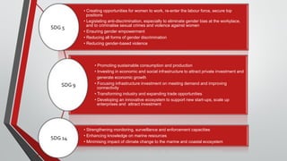 • Creating opportunities for women to work, re-enter the labour force, secure top
positions
• Legislating anti-discrimination, especially to eliminate gender bias at the workplace,
and to criminalise sexual crimes and violence against women
• Ensuring gender empowerment
• Reducing all forms of gender discrimination
• Reducing gender-based violence
• Promoting sustainable consumption and production
• Investing in economic and social infrastructure to attract private investment and
generate economic growth
• Focusing infrastructure investment on meeting demand and improving
connectivity
• Transforming industry and expanding trade opportunities
• Developing an innovative ecosystem to support new start-ups, scale up
enterprises and attract investment
• Strengthening monitoring, surveillance and enforcement capacities
• Enhancing knowledge on marine resources
• Minimising impact of climate change to the marine and coastal ecosystem
SDG 5
SDG 9
SDG 14
 