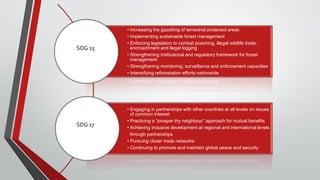 • Increasing the gazetting of terrestrial protected areas
• Implementing sustainable forest management
• Enforcing legislation to combat poaching, illegal wildlife trade,
encroachment and llegal logging
• Strengthening institutional and regulatory framework for forest
management
• Strengthening monitoring, surveillance and enforcement capacities
• Intensifying reforestation efforts nationwide
• Engaging in partnerships with other countries at all levels on issues
of common interest
• Practicing a “prosper thy neighbour” approach for mutual benefits
• Achieving inclusive development at regional and international levels
through partnerships
• Pursuing closer trade networks
• Continuing to promote and maintain global peace and security
SDG 15
SDG 17
 