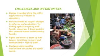 CHALLENGES AND OPPORTUNITIES
 Change is needed along the entire
supply chain ( Producer to
consumer).
 Policies needed to support changes
in behavior and production ( i.e.
Linking agriculture policy with
health, education, & trade policies
that promote human and Planentry
health).
 Rights and access ( issues of land
tenure, incentives to invest and
manage land) = right of food!
 Challenges longstanding
institutional structures and social
norms.
 