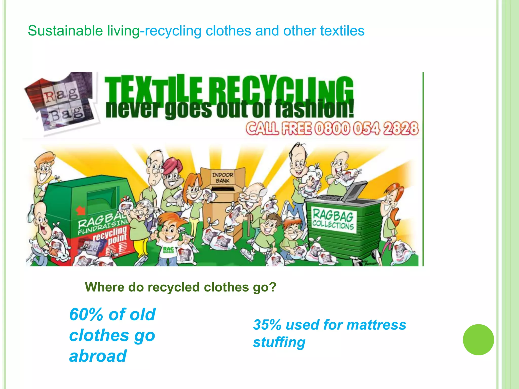 Sustainable living-recycling clothes and other textiles
60% of old
clothes go
abroad
35% used for mattress
stuffing
Where do recycled clothes go?
 
