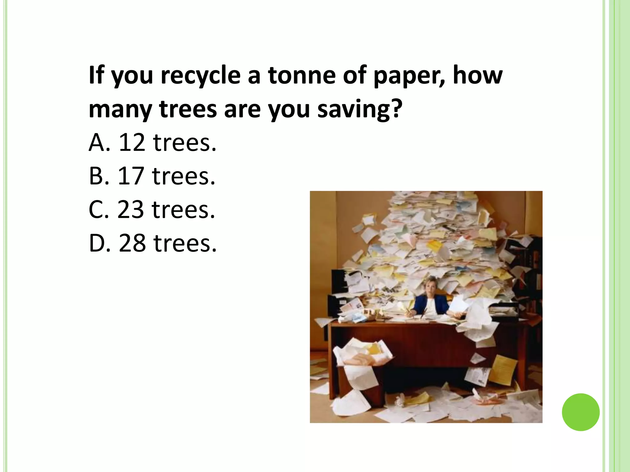 If you recycle a tonne of paper, how
many trees are you saving?
A. 12 trees.
B. 17 trees.
C. 23 trees.
D. 28 trees.
 