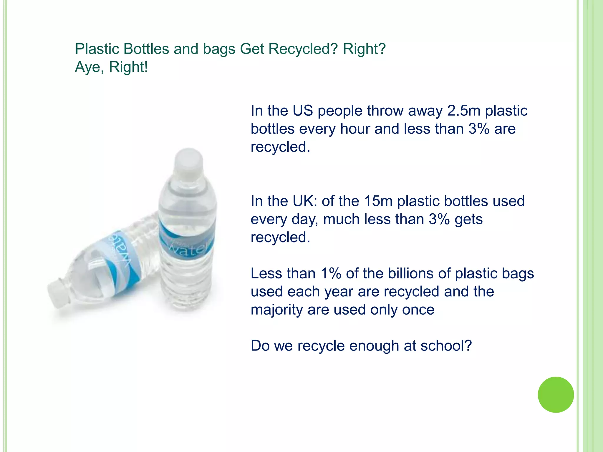 In the US people throw away 2.5m plastic
bottles every hour and less than 3% are
recycled.
In the UK: of the 15m plastic bottles used
every day, much less than 3% gets
recycled.
Less than 1% of the billions of plastic bags
used each year are recycled and the
majority are used only once
Do we recycle enough at school?
Plastic Bottles and bags Get Recycled? Right?
Aye, Right!
 