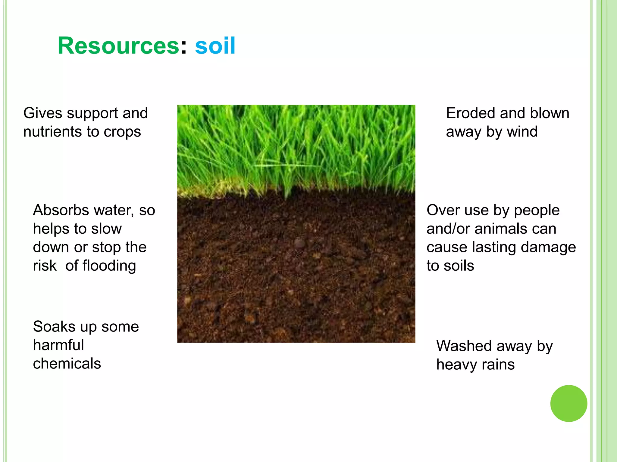 Gives support and
nutrients to crops
Absorbs water, so
helps to slow
down or stop the
risk of flooding
Soaks up some
harmful
chemicals
Eroded and blown
away by wind
Over use by people
and/or animals can
cause lasting damage
to soils
Washed away by
heavy rains
Resources: soil
 