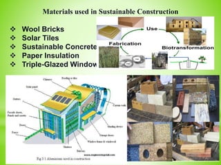 Materials used in Sustainable Construction
 Wool Bricks
 Solar Tiles
 Sustainable Concrete
 Paper Insulation
 Triple-Glazed Windows
 