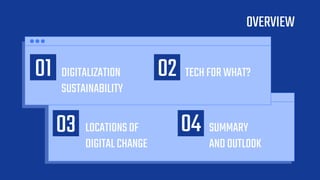 OVERVIEW
TECHFORWHAT?DIGITALIZATION
SUSTAINABILITY
03 SUMMARY
ANDOUTLOOK
04
01 02
LOCATIONSOF
DIGITALCHANGE
 