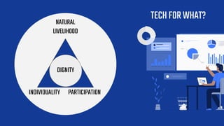 TECHFORWHAT?
DIGNITY
NATURAL
LIVELIHOOD
INDIVIDUALITY PARTICIPATION
 