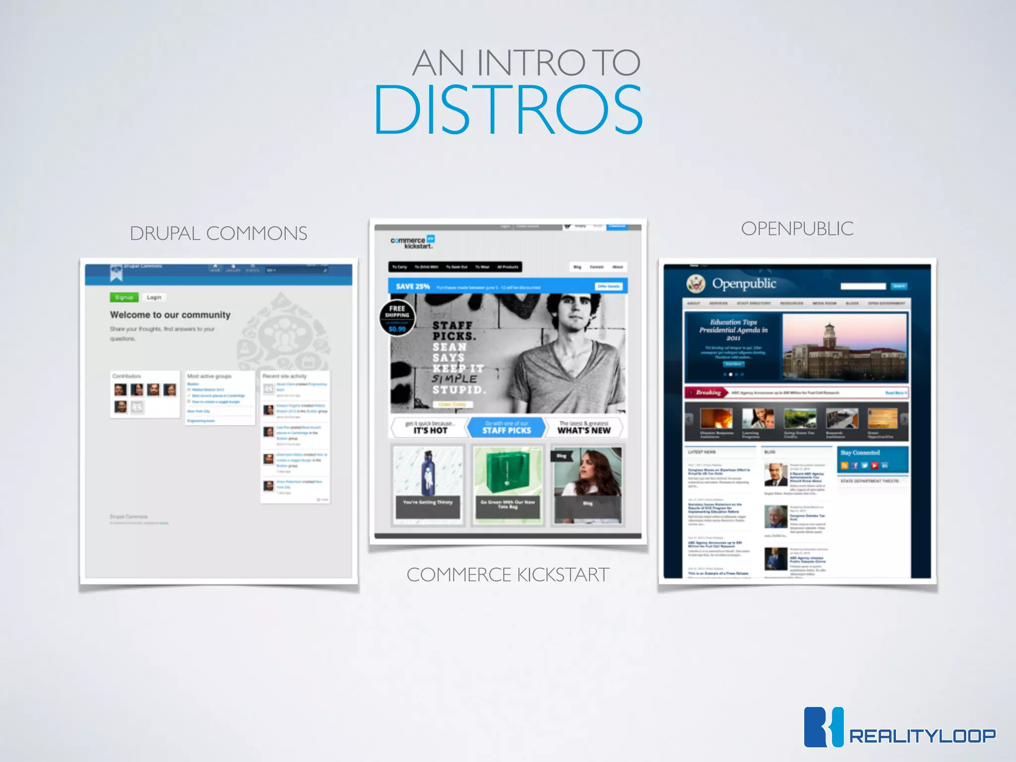 DISTROS
AN INTROTO
DRUPAL COMMONS OPENPUBLIC
COMMERCE KICKSTART
 