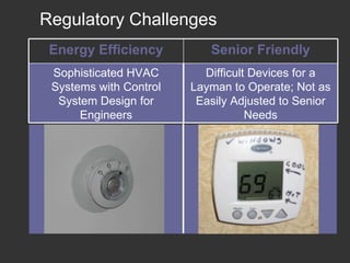 Regulatory Challenges Difficult Devices for a Layman to Operate; Not as Easily Adjusted to Senior Needs Sophisticated HVAC Systems with Control System Design for Engineers Senior Friendly Energy Efficiency 