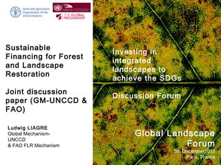 Ludwig LIAGRE
Global Mechanism-
UNCCD
& FAO FLR Mechanism
Global Landscape
Forum
5th December2015
Paris, France
Sustainable
Financing for Forest
and Landscape
Restoration
Joint discussion
paper (GM-UNCCD &
FAO)
Investing in
integrated
landscapes to
achieve the SDGs
Discussion Forum
 