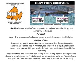 GMO is when an organism’s genetic material has been altered using genetic
engineering techniques.
Purpose?
Luxury & to increase seafood consumption to meet demands of food industry.
Negative effects:
Release of untreated wastes & nutrients, increase risk of disease & parasite
transmission from farmed to wild fish, use & release of drugs & chemicals in
environment, & over-fishing of smaller fishes to feed carnivorous farmed fishes
(Salmon).
People aren’t the only consumers part taking in over-fishing. Species aren’t given the
chance to grow because they’re being used for consumption for larger fishes in farms.
Not given the chance to adulthood and to reproduce, fish species are declining.
 