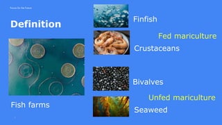 3
Definition
Forum for the Future
Fish farms
Finfish
Crustaceans
Bivalves
Seaweed
Fed mariculture
Unfed mariculture
 