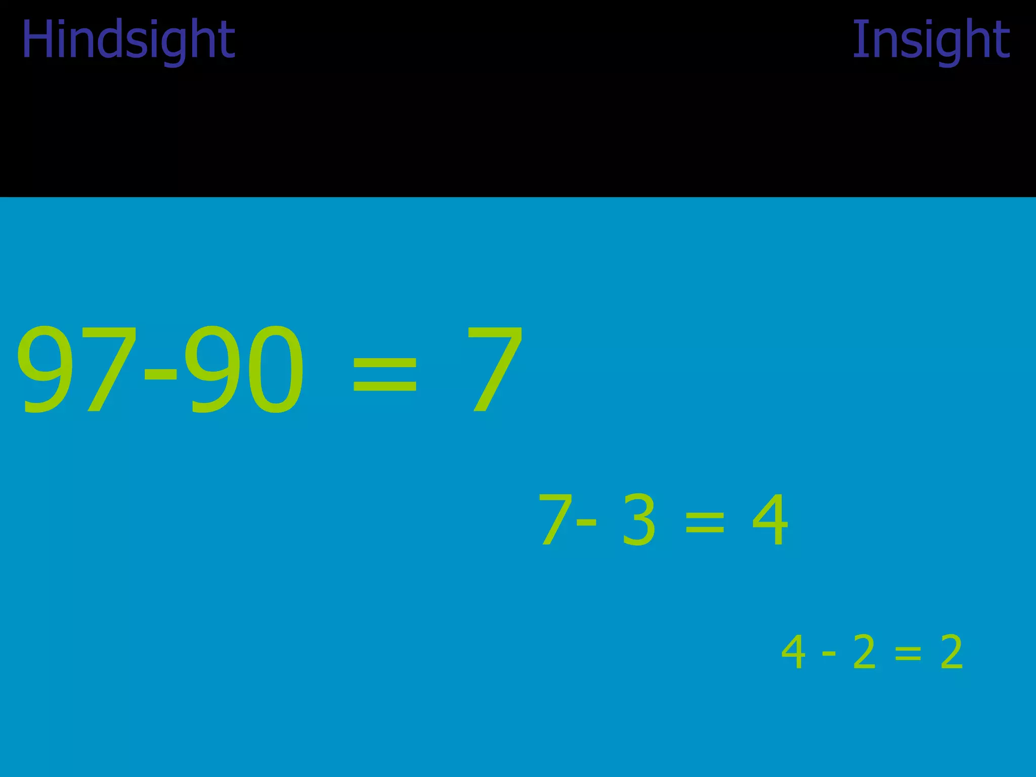Hindsight  Insight   97-90 = 7 7- 3 = 4 4 - 2 = 2 