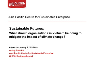 Asia Pacific Centre for Sustainable Enterprise

Sustainable Futures:
What should organisations in Vietnam be doing to
mitigate the impact of climate change?

Professor Jeremy B. Williams
Acting Director
Asia Pacific Centre for Sustainable Enterprise
Griffith Business School

 