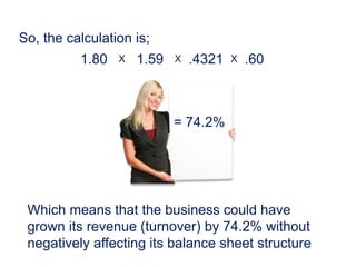 So, the calculation is;
1.80 X 1.59 X .4321 X .60
Which means that the business could have
grown its revenue (turnover) by 74.2% without
negatively affecting its balance sheet structure
= 74.2%
 