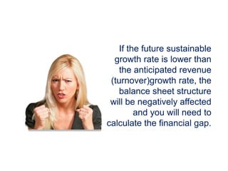 If the future sustainable
growth rate is lower than
the anticipated revenue
(turnover)growth rate, the
balance sheet structure
will be negatively affected
and you will need to
calculate the financial gap.
 